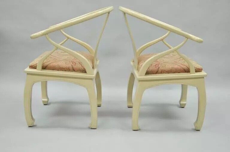 Vintage Oriental Horseshoe Ming Style Cream Lacquered Lounge Chairs - a Pair