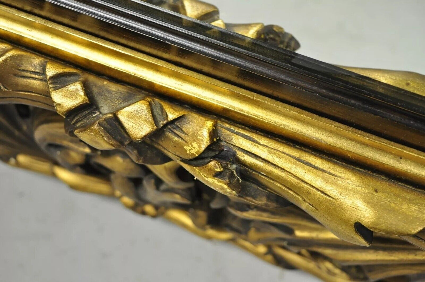 Antique French Baroque Rococo Style Scroll Carved Wood 65" Gold Wall Mirror