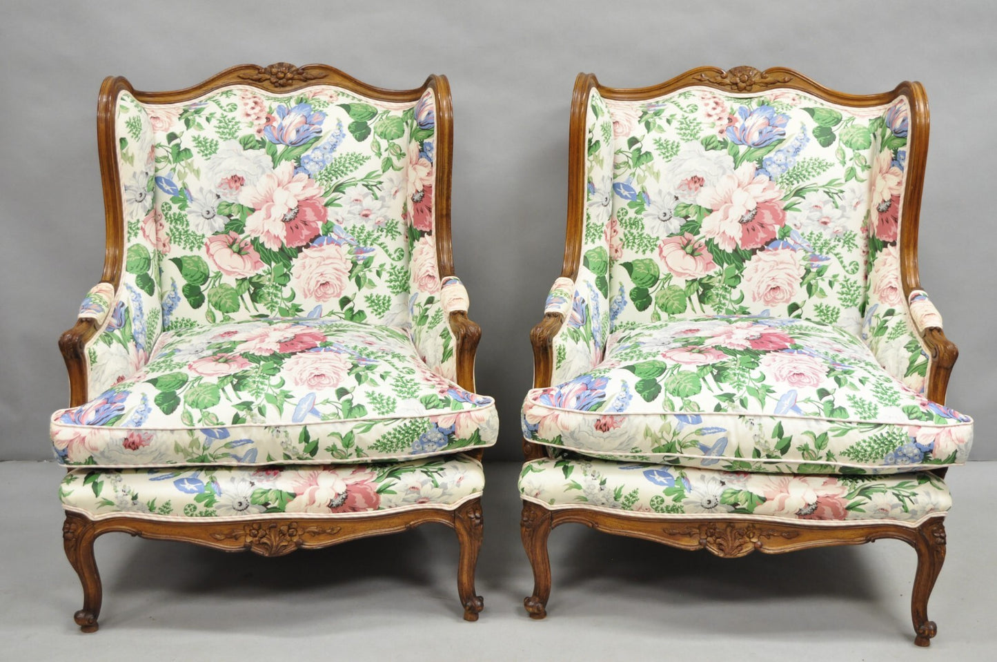Antique French Country Louis XV Style Carved Walnut Bergere Wingback Chairs Pair