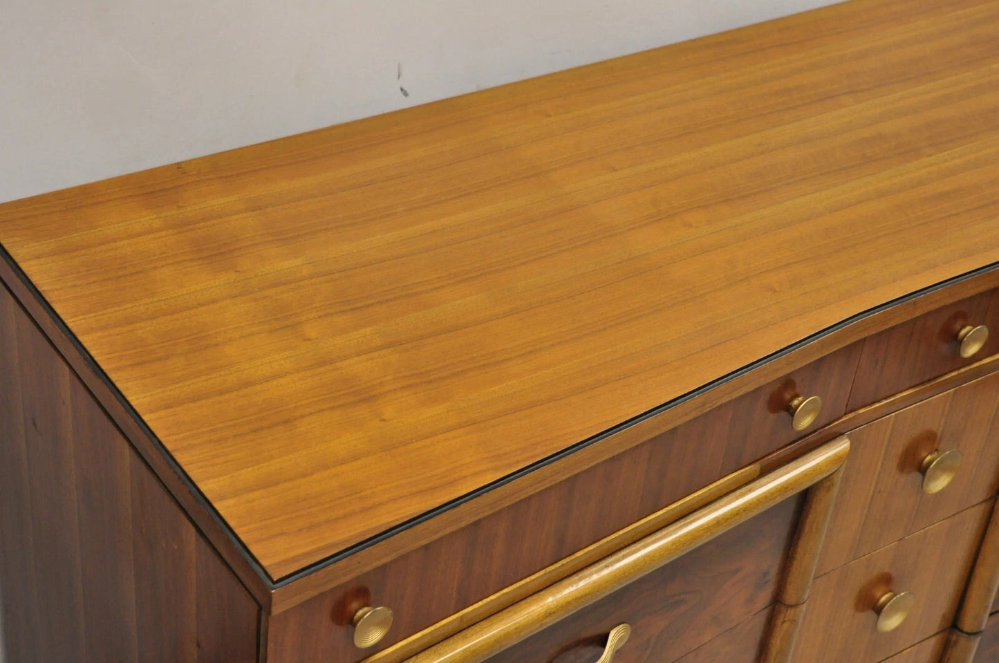 Mid Century Modern Art Deco Walnut Long Dresser Credenza w Mirror by Joerns Bros
