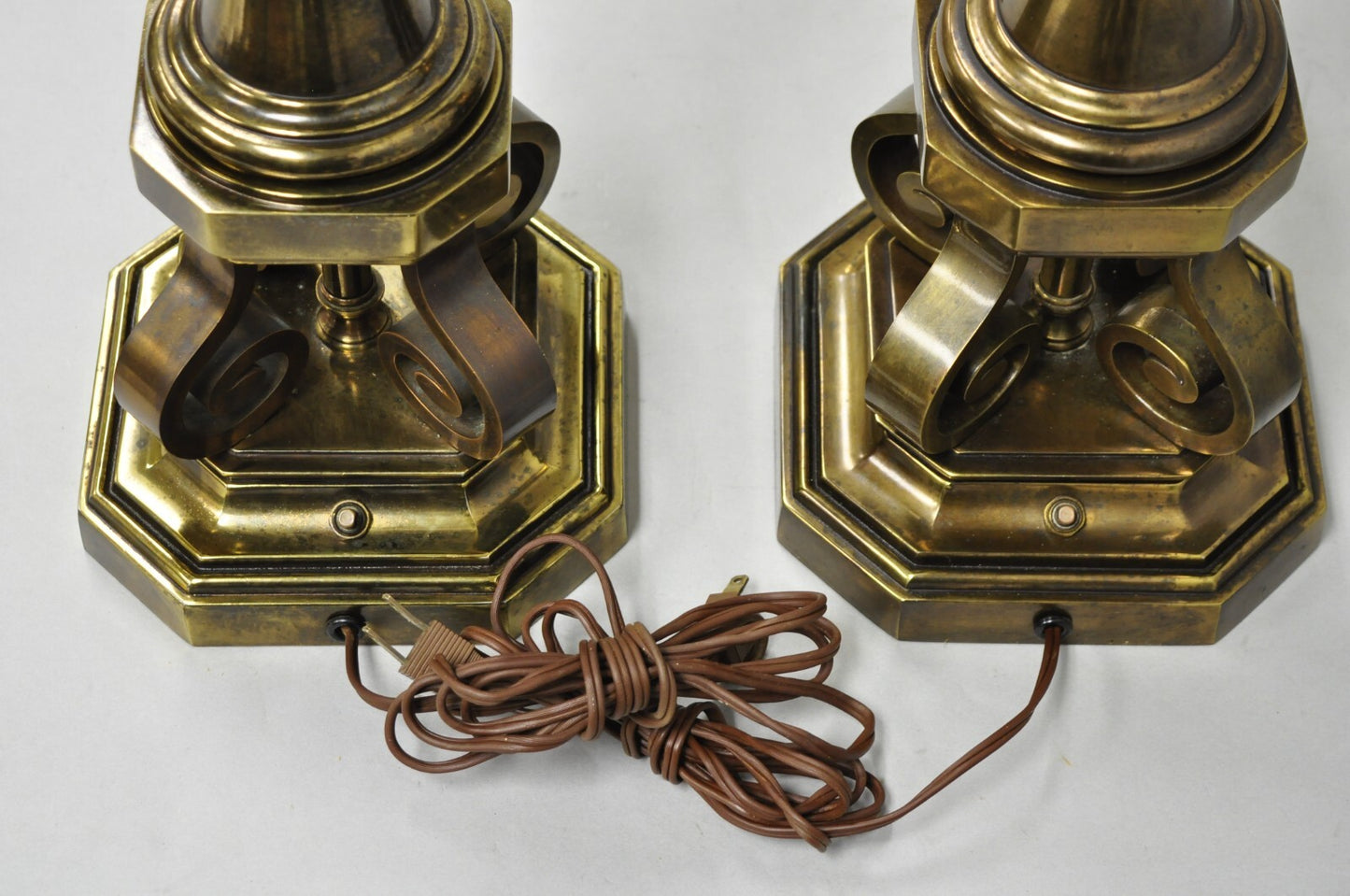 Vintage Hollywood Regency Burnished Brass Tall Candlestick Table Lamps - a Pair