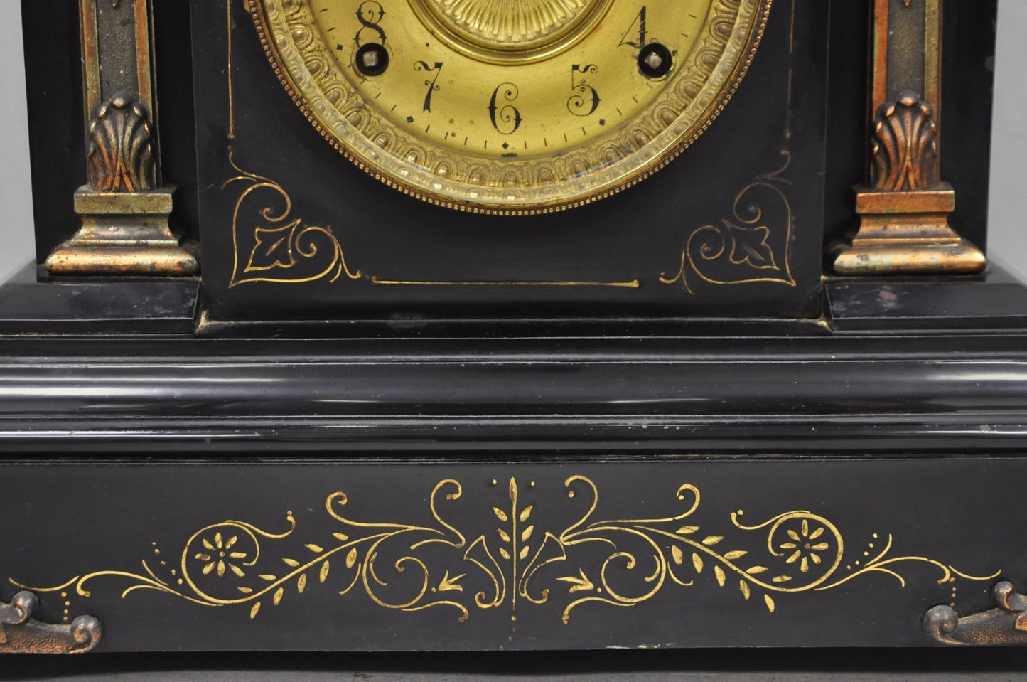 Antique Ansonia Black Mantel Clock with Bronze Coated Columns and Claw Feet