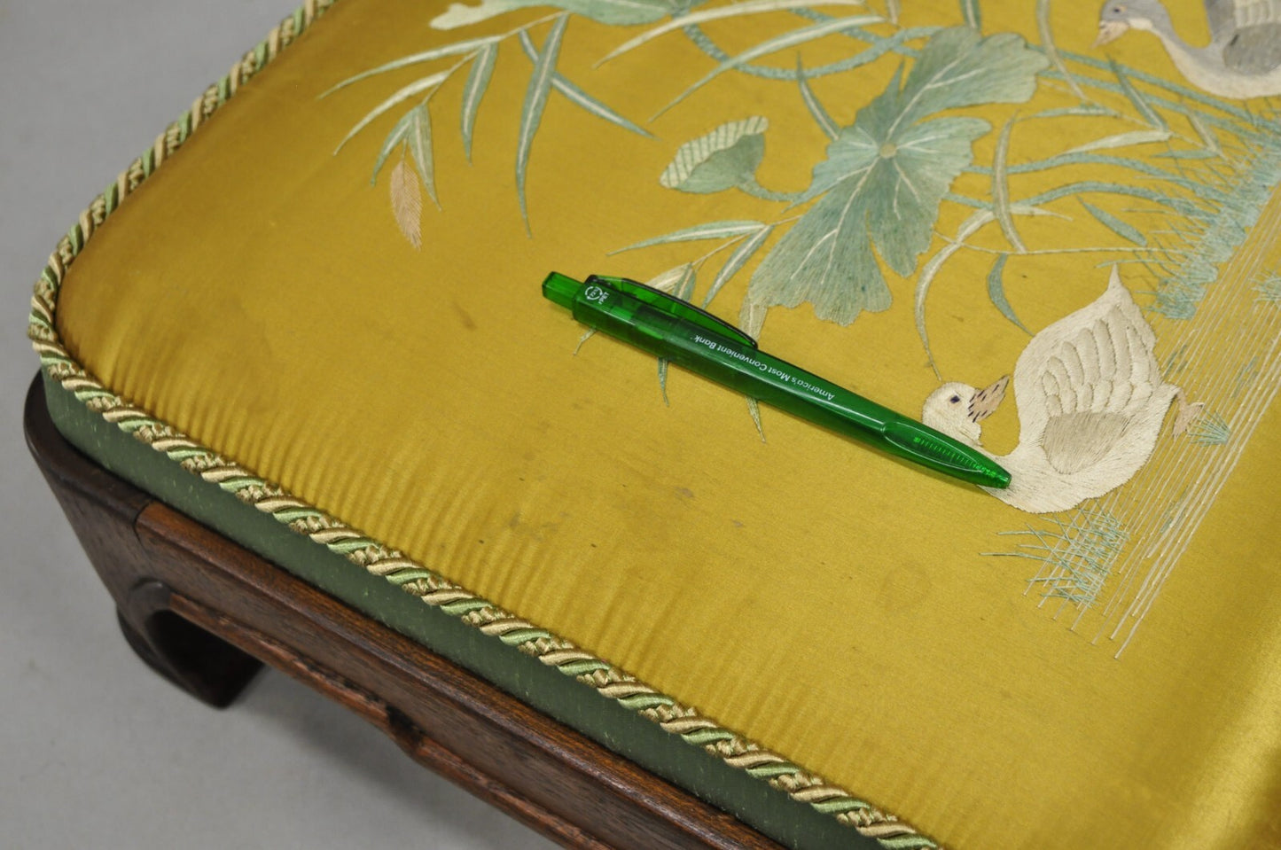 Vintage Chinoiserie Chinese Ming Style Low Footstool Ottoman w/ Silk - Pair