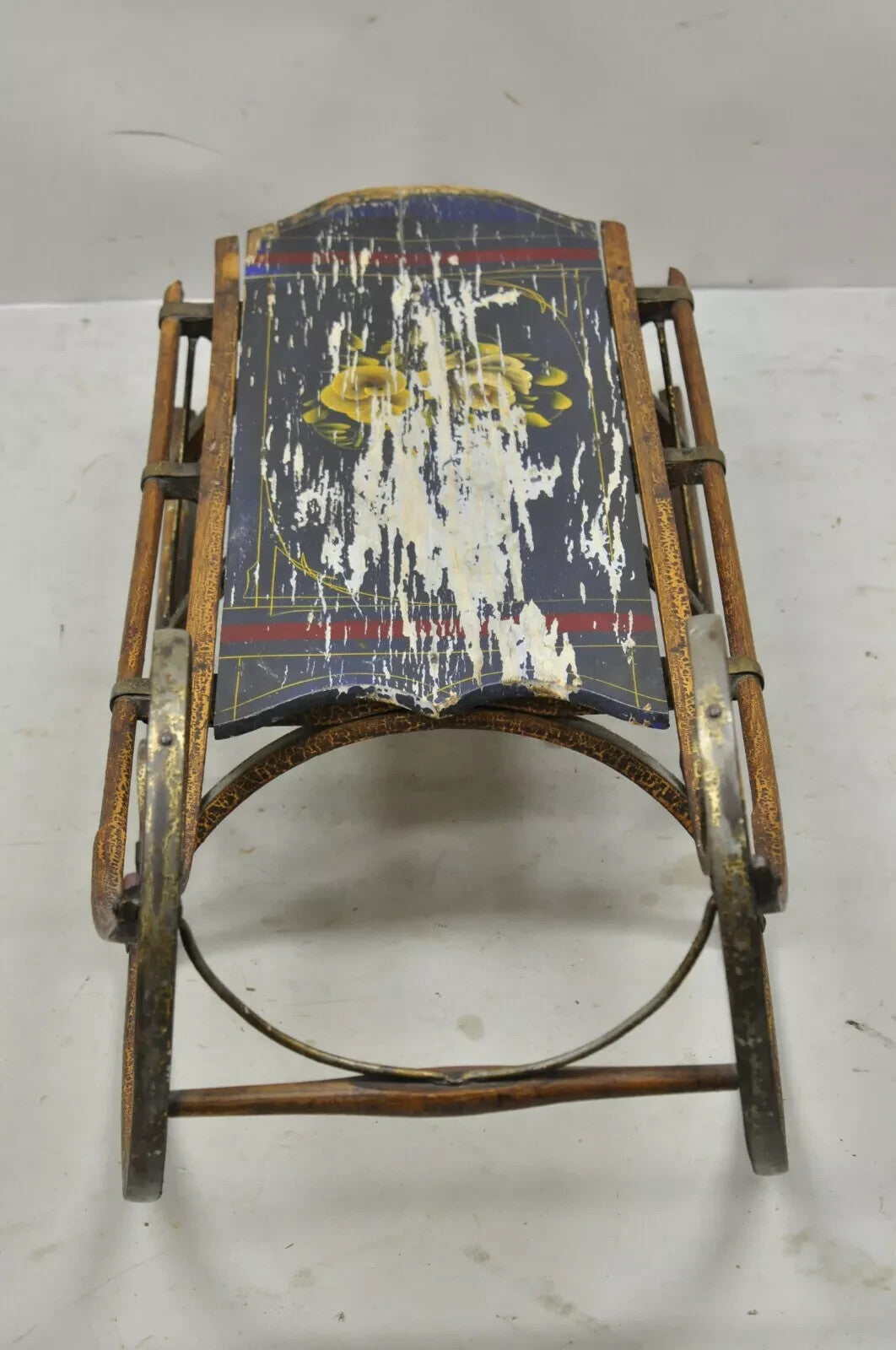 Antique Bentwood Blue Painted Small Child Snow Sled Wall Display Art
