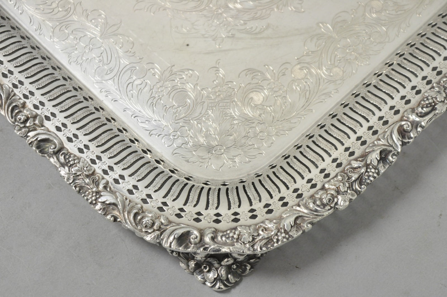 Vintage International Silver Victorian Repousse Pierced Gallery Square Bar Tray