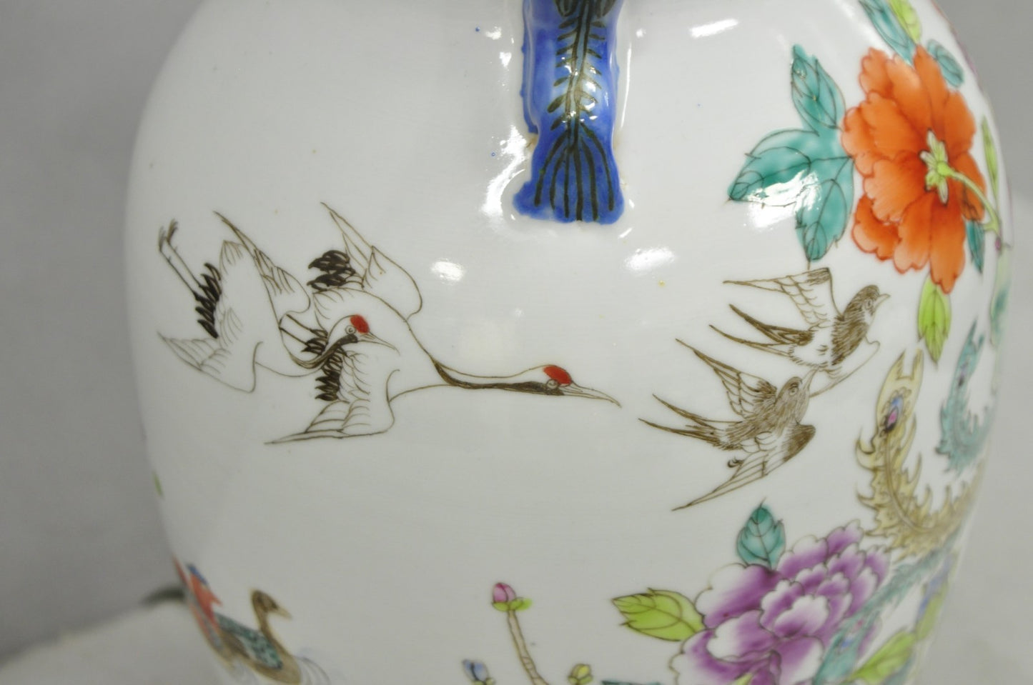 Vintage Oriental Porcelain Jardiniere Vase Bird and Flower Painted Table Lamp