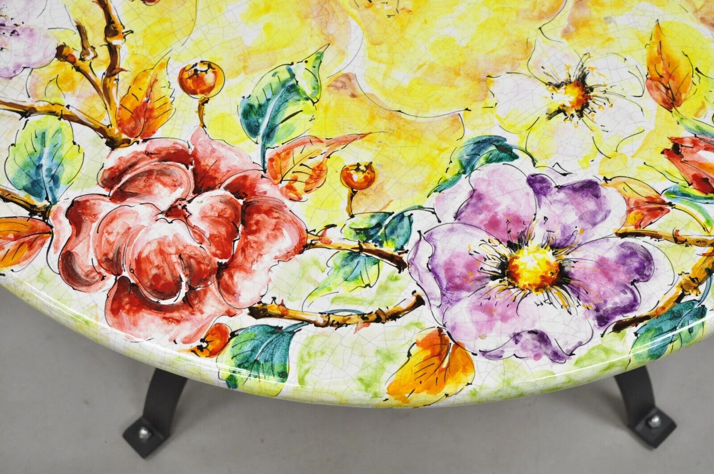 Italian Volcanic Fire Glazed Floral Painted Outdoor Dining Table Set - 7 Pcs