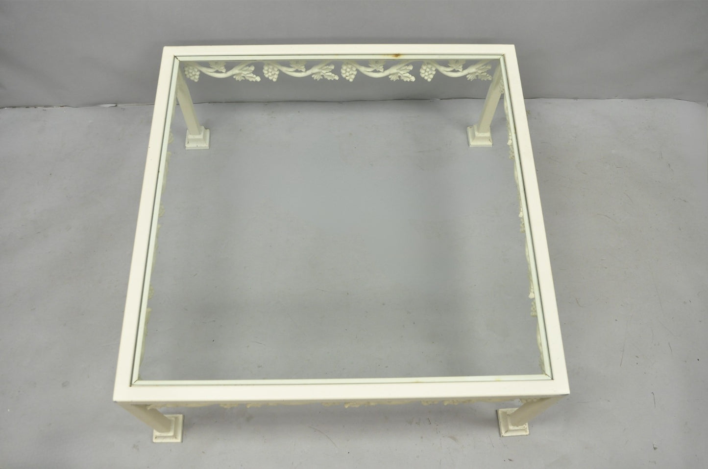 Vintage Woodard Style White Wrought Iron "Grapevine" Square Glass Coffee Table