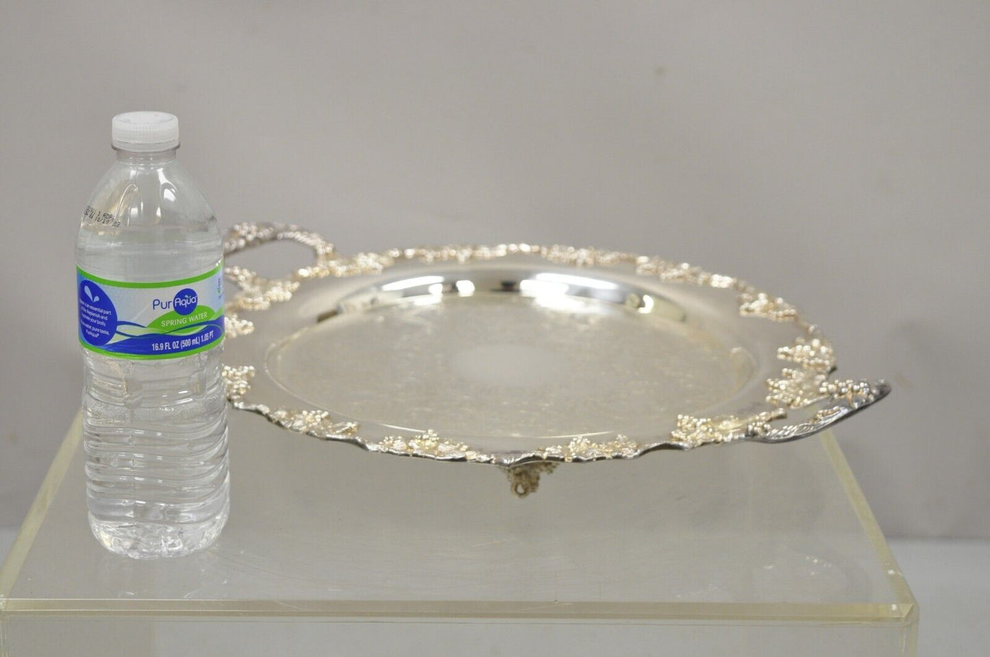 Vintage Crescent Silver Plate 17" Grape Vine Pattern Round Platter Tray