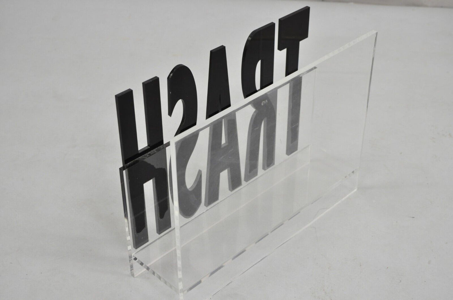 Vintage Mid Century Modern Pop Art "Trash" Lucite Acrylic Magazine Rack Stand