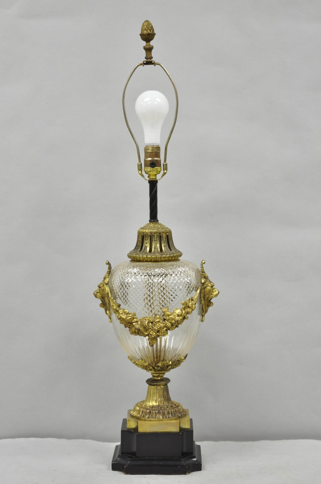 Antique French Neoclassical Bronze Lion Ormolu Diamond Cut Glass Urn Table Lamp