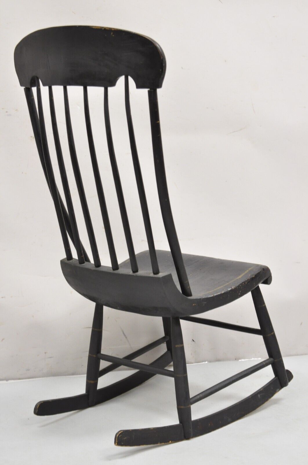 Antique Colonial Stencil Back Black Painted Plank Bottom Rocker Rocking Chair