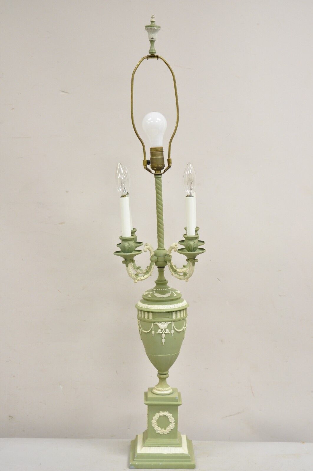 Vintage Italian Neoclassical Style Green Painted Metal Urn Candelabra Table Lamp