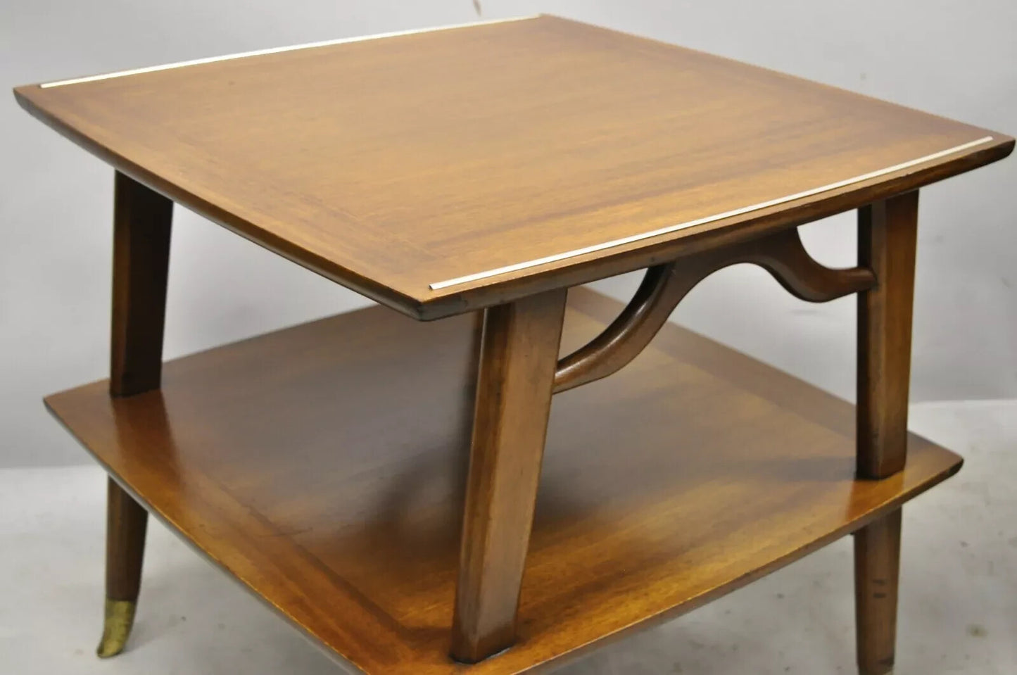 Vintage Mid Century Modern Sculpted Walnut 2 Tier End Tables w Brass Feet - Pair