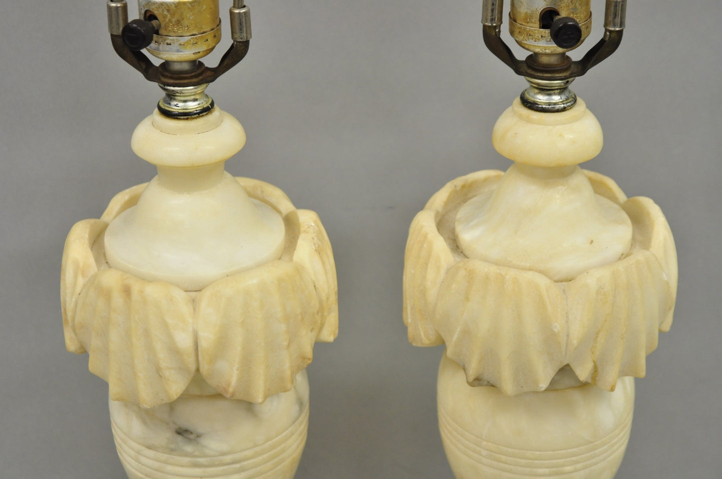 Antique Italian Neoclassical Style Carved Marble Shell Urn Table Lamps - a Pair