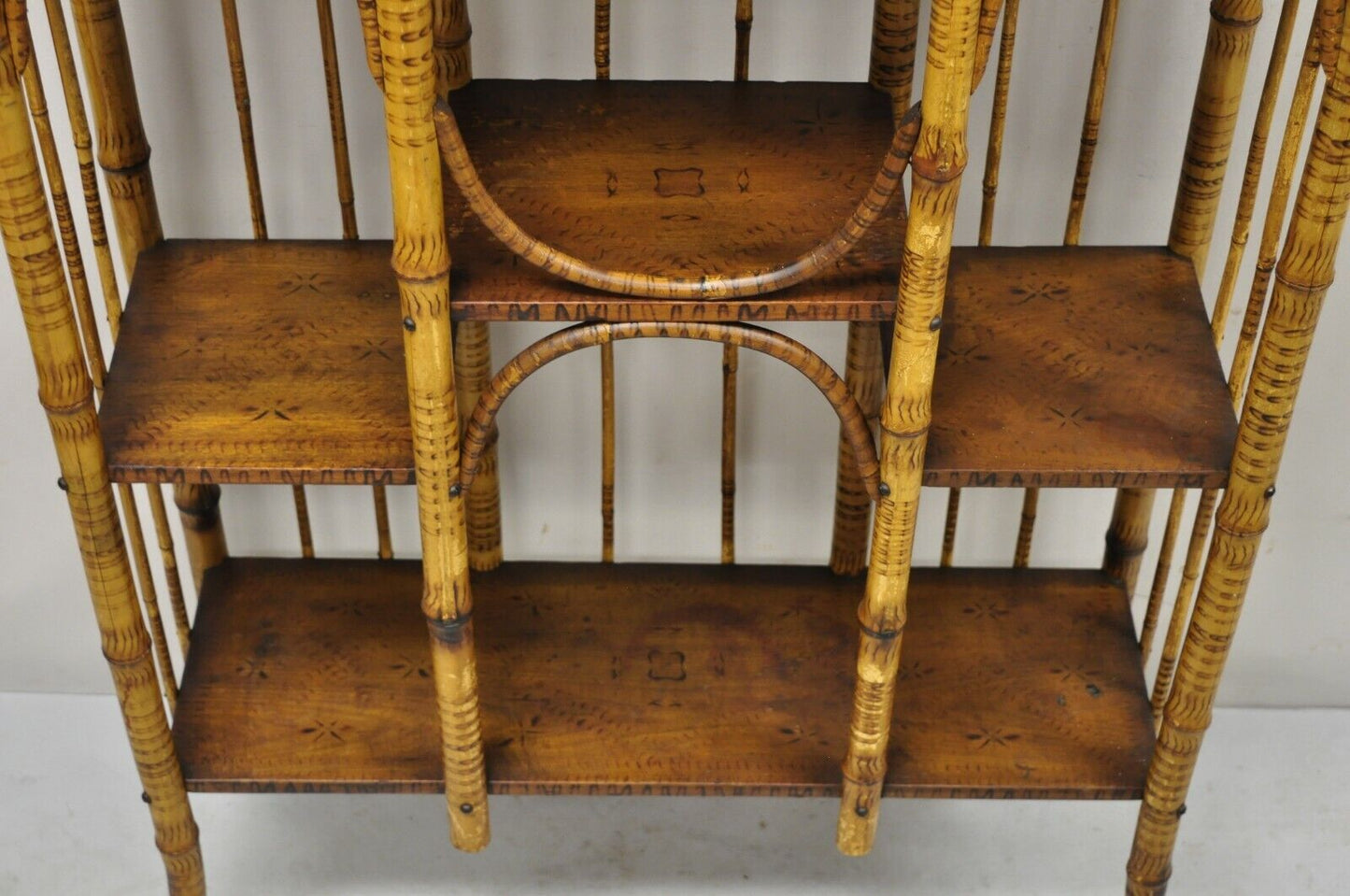 19th C. English Victorian Bamboo Stick and Ball Curio Shelf Display Etagere