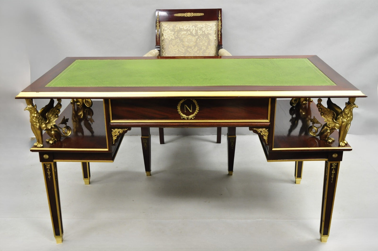 French Empire Revival Green Leather Top Bronze Griffin Mahogany Desk & Chair