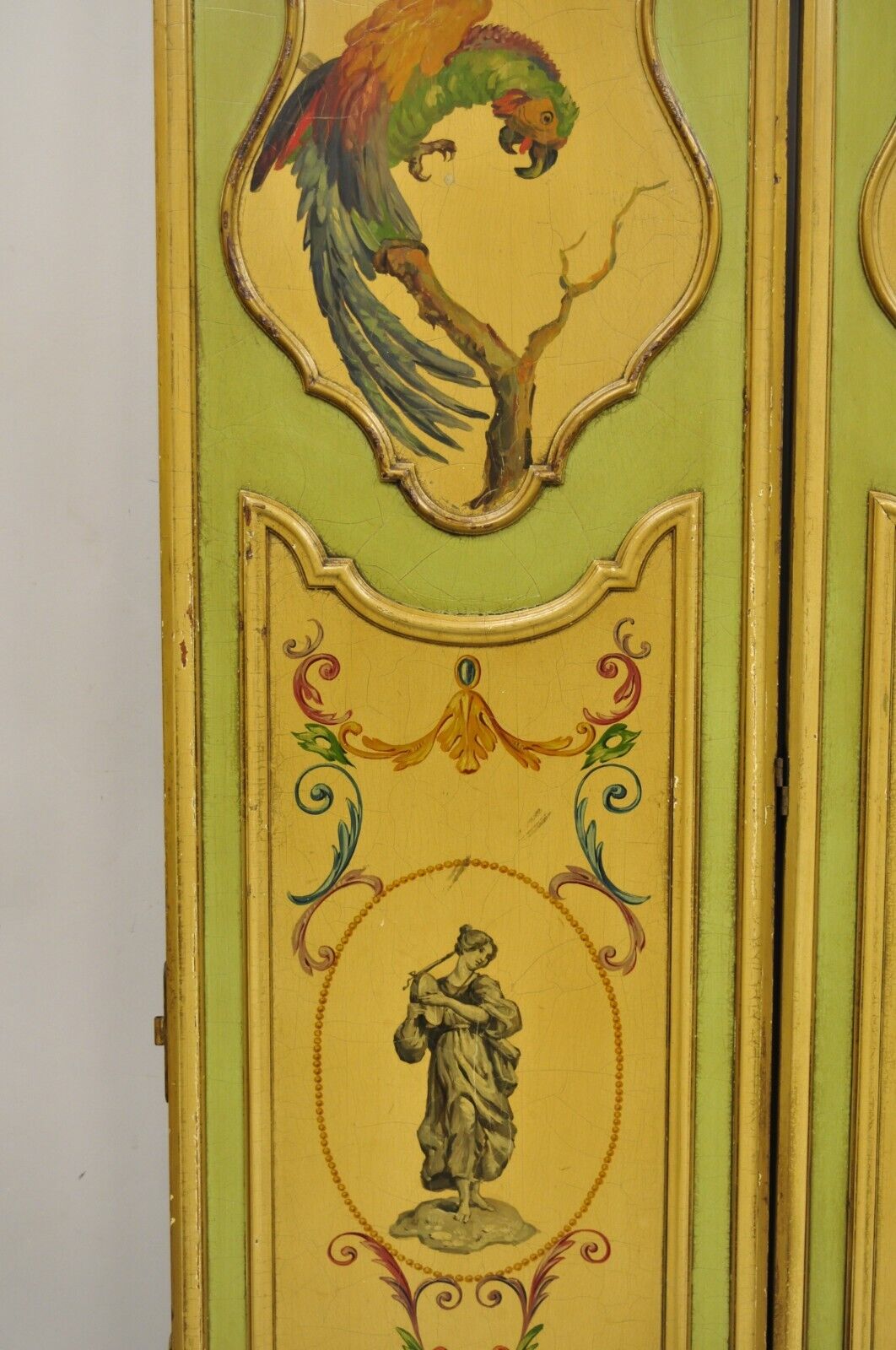 Antique French Louis XV Green Painted Parrot 3 Panel Venetian Room Screen (C)
