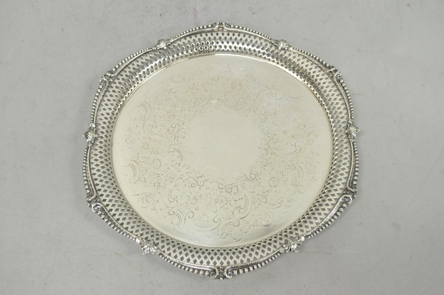 Vintage Barker Ellis English Edwardian Silver Plated Pierced Round Platter Tray