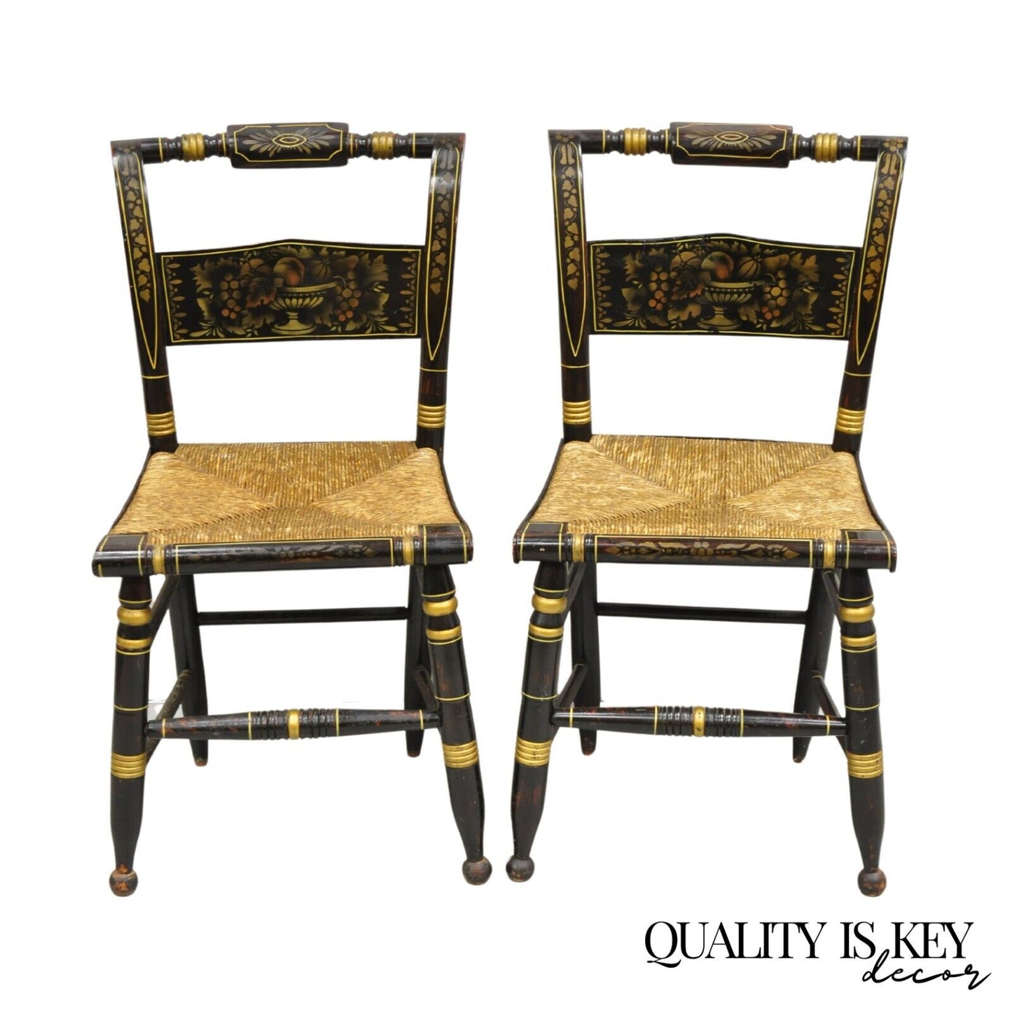 Antique Hitchcock Black and Gold Harvest Stencil Rush Side Chairs - a Pair