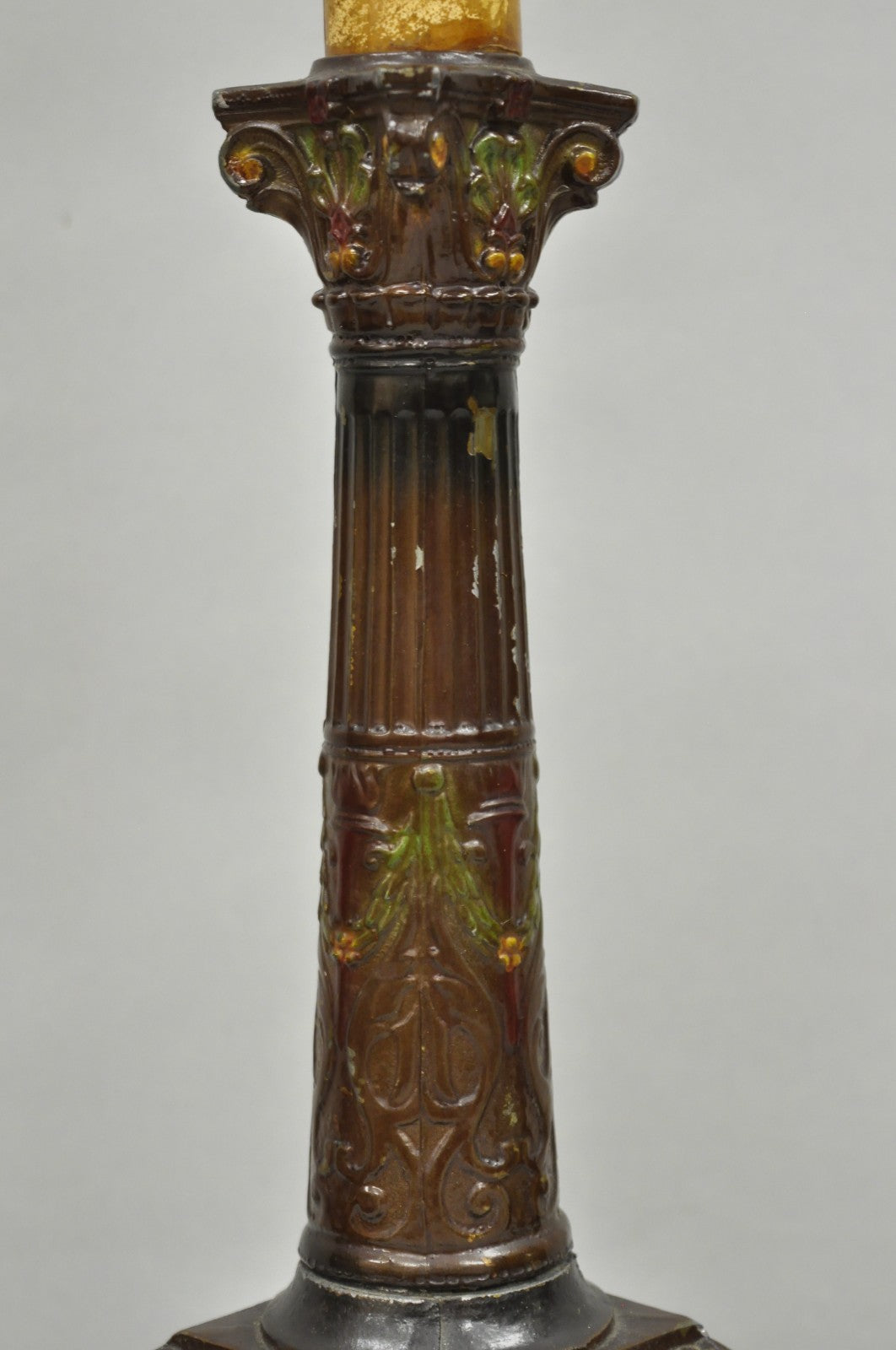 Antique French Empire Brown Painted Column Small Metal Table Lamps - a Pair