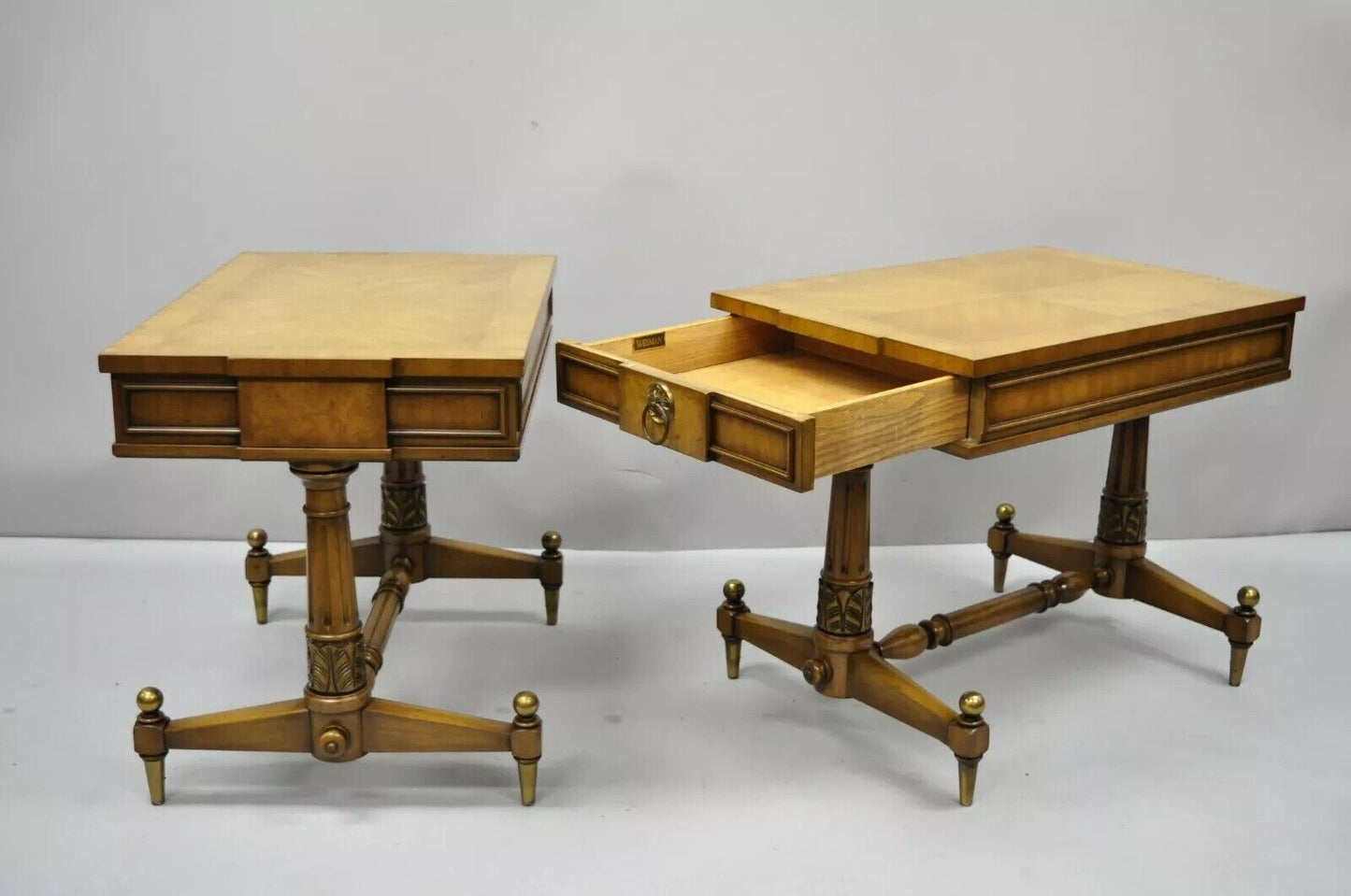 Vintage Weiman Kameo French Regency Style Banded Walnut End Tables - a Pair