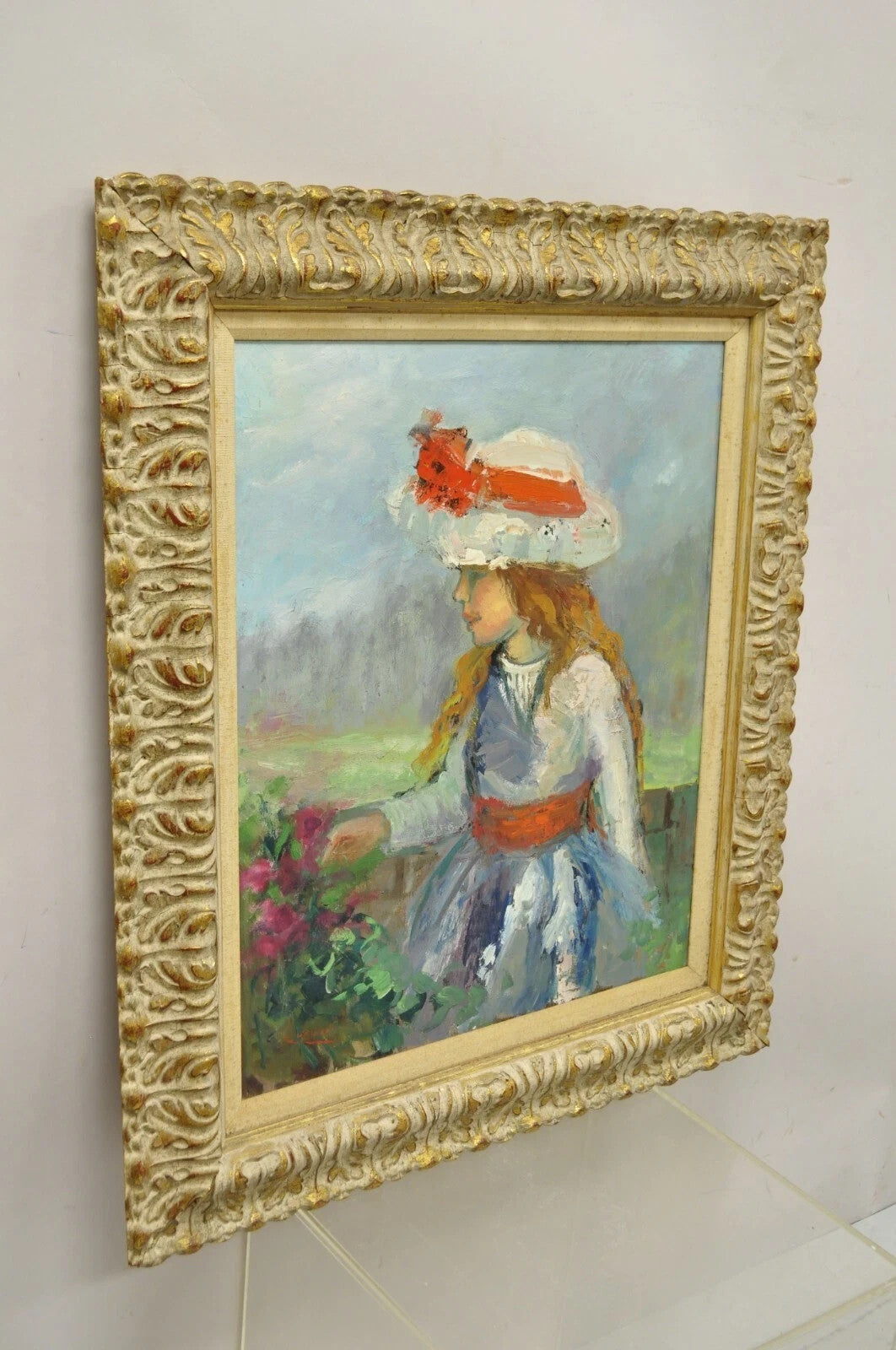 Zaza Meuli (b. 1892) Oil on Canvas Impressionist Painting Girl in Hat Orange Bow