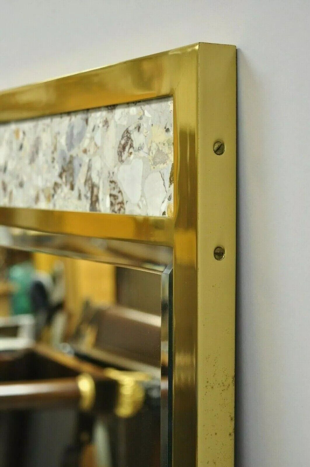 Vintage JL Metz Tomlinson Modern Brass Frame Marble Inlay 65" Tall Narrow Mirror