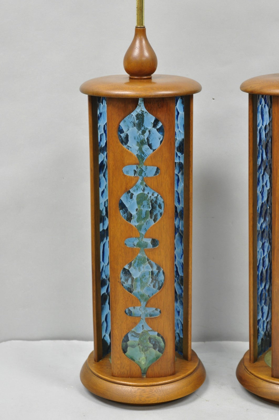 Vintage Modeline Mid Century Modern Walnut & Blue Stained Glass Table Lamps Pair