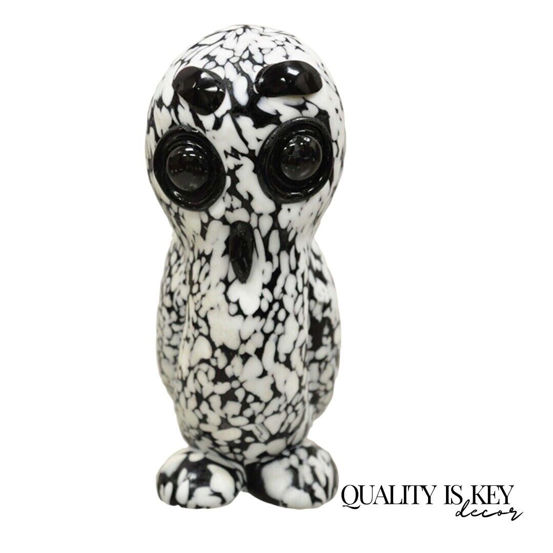 Vtg Italian Mid Century Heavy Art Glass Owl Figure Paperweight Black and White