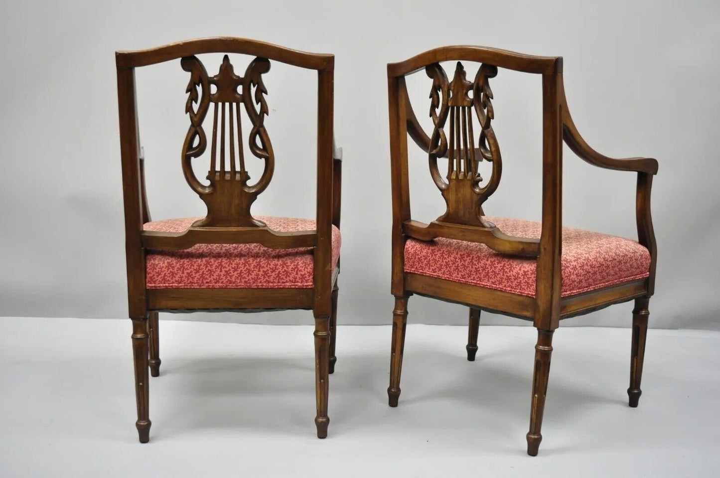 Antique French Louis XVI Style Harp Lyre Back Italian Mahogany Arm Chairs - Pair