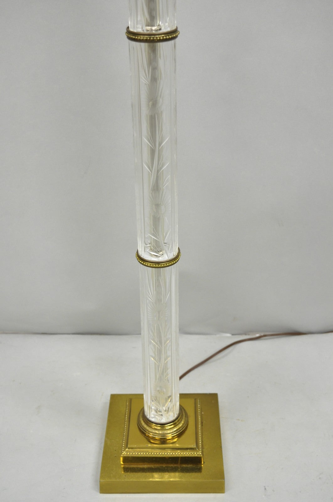 Vintage Neoclassical Style Floral Etched Glass Column Brass Reading Floor Lamp