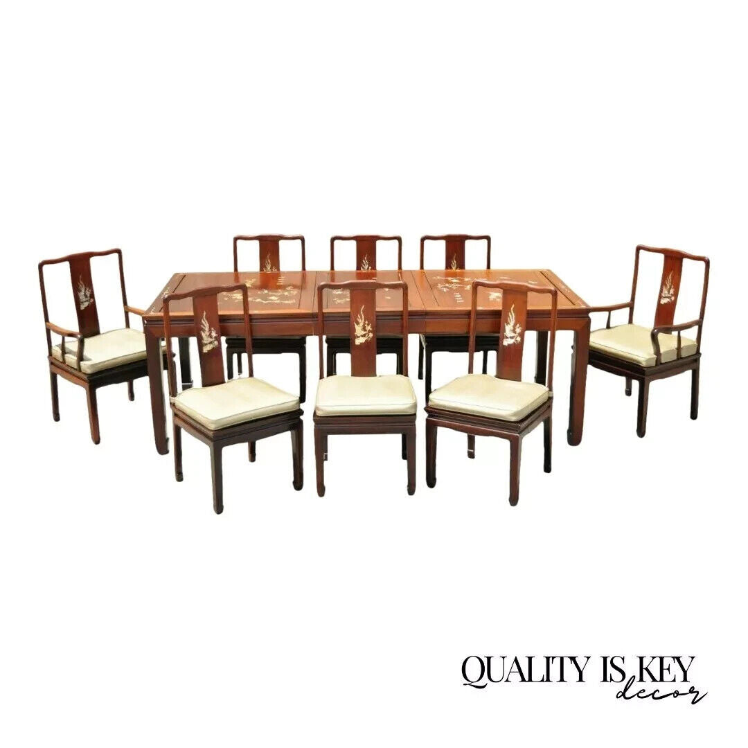 Vintage Chinese Harwood Chinoiserie Dining Room Set Table 8 Chairs - 9 Pc Set