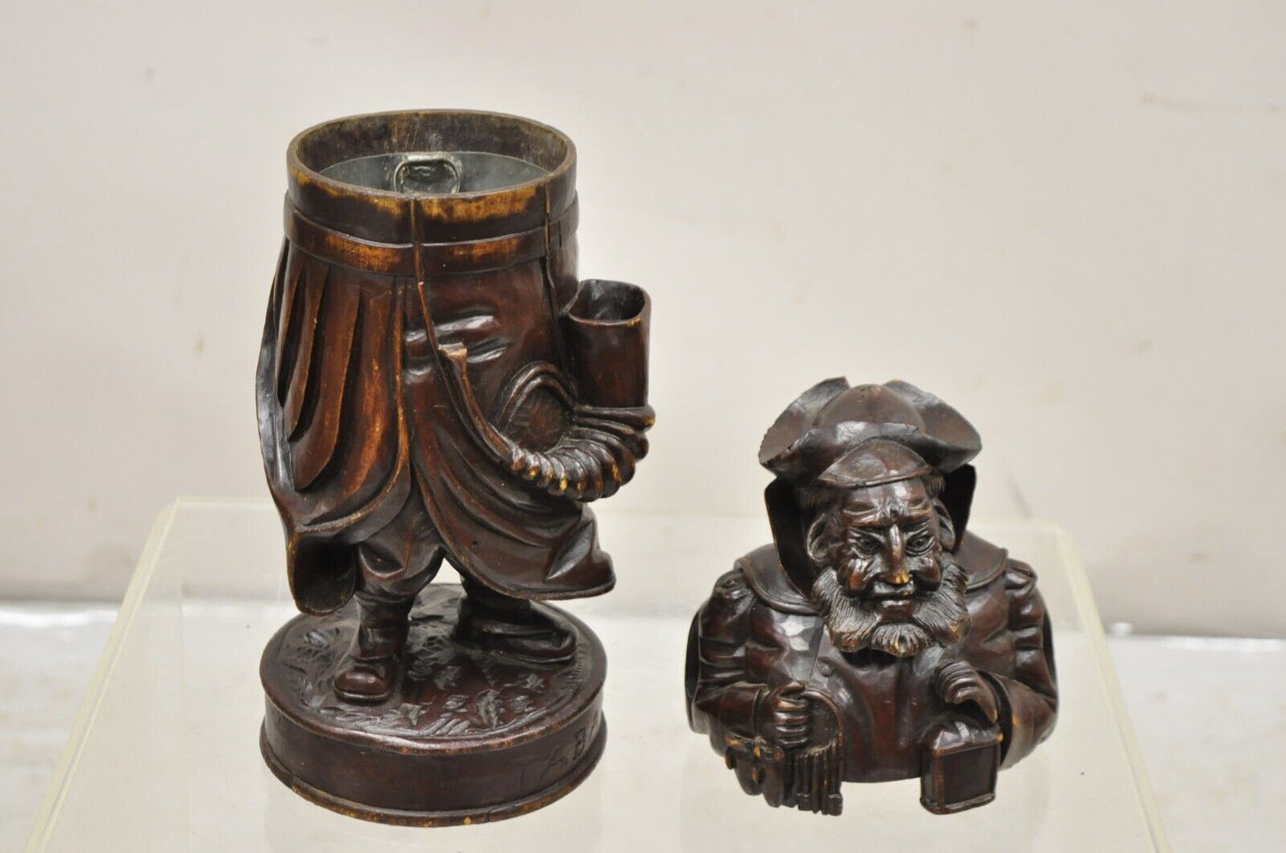 19th C. Black Forest Figural Wood Carved Night Watchman Lidded Tobacco Jar Box