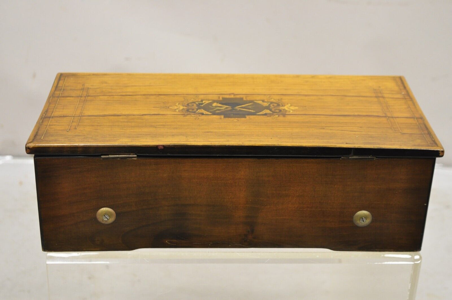 19th C. Antique Swiss Cylinder Roll Music Box 6 Tune Airs with Inlaid Case