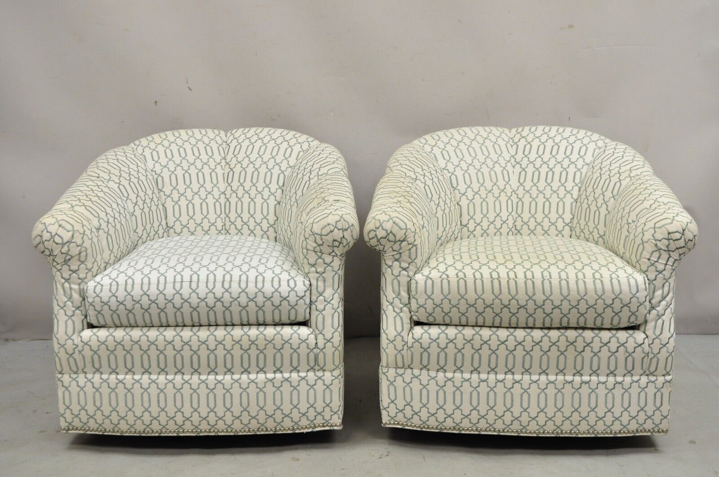 Sherrill Seafoam Green & Off White Swivel Rocker Barrel Back Club Chairs - Pair