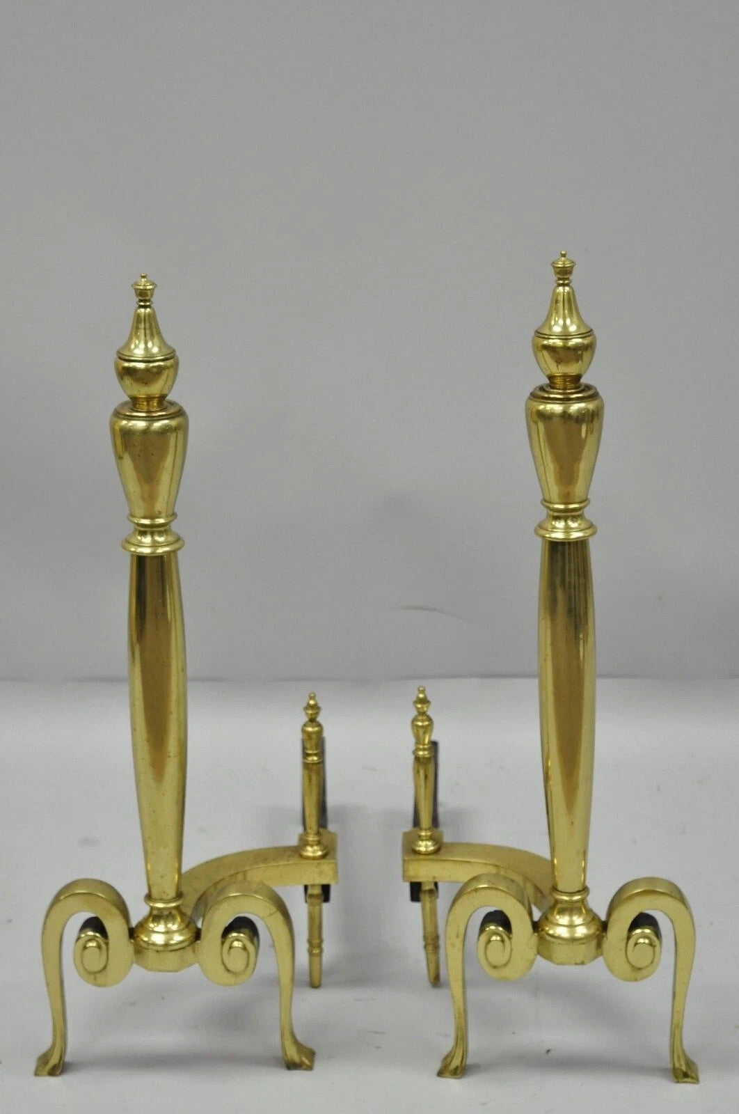 Antique French Art Nouveau Style Brass Urn Finial Fireplace Andirons - a Pair