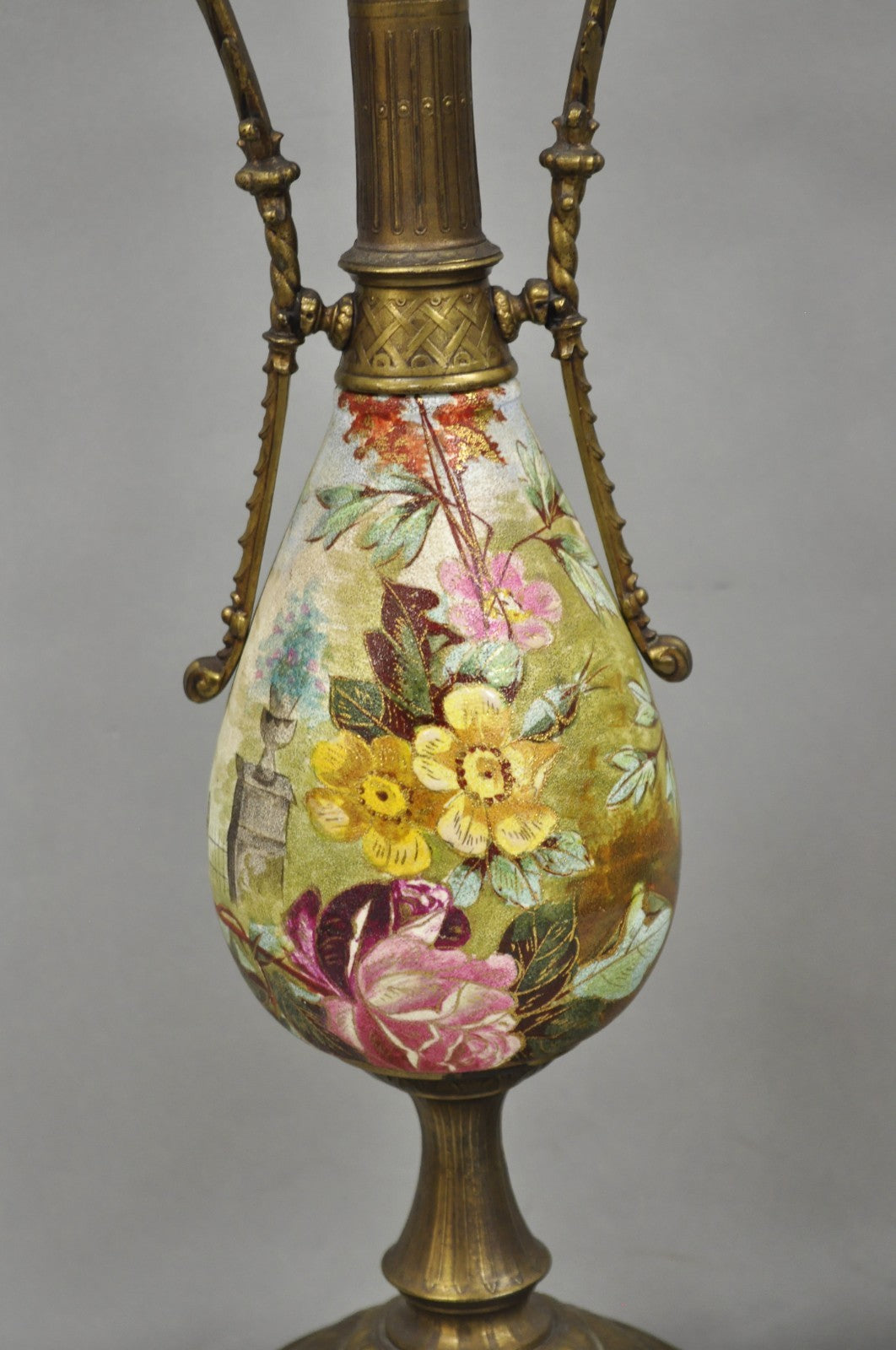 Antique Victorian Brass and Porcelain Urn Hand Painted Flower Table Lamps a Pair
