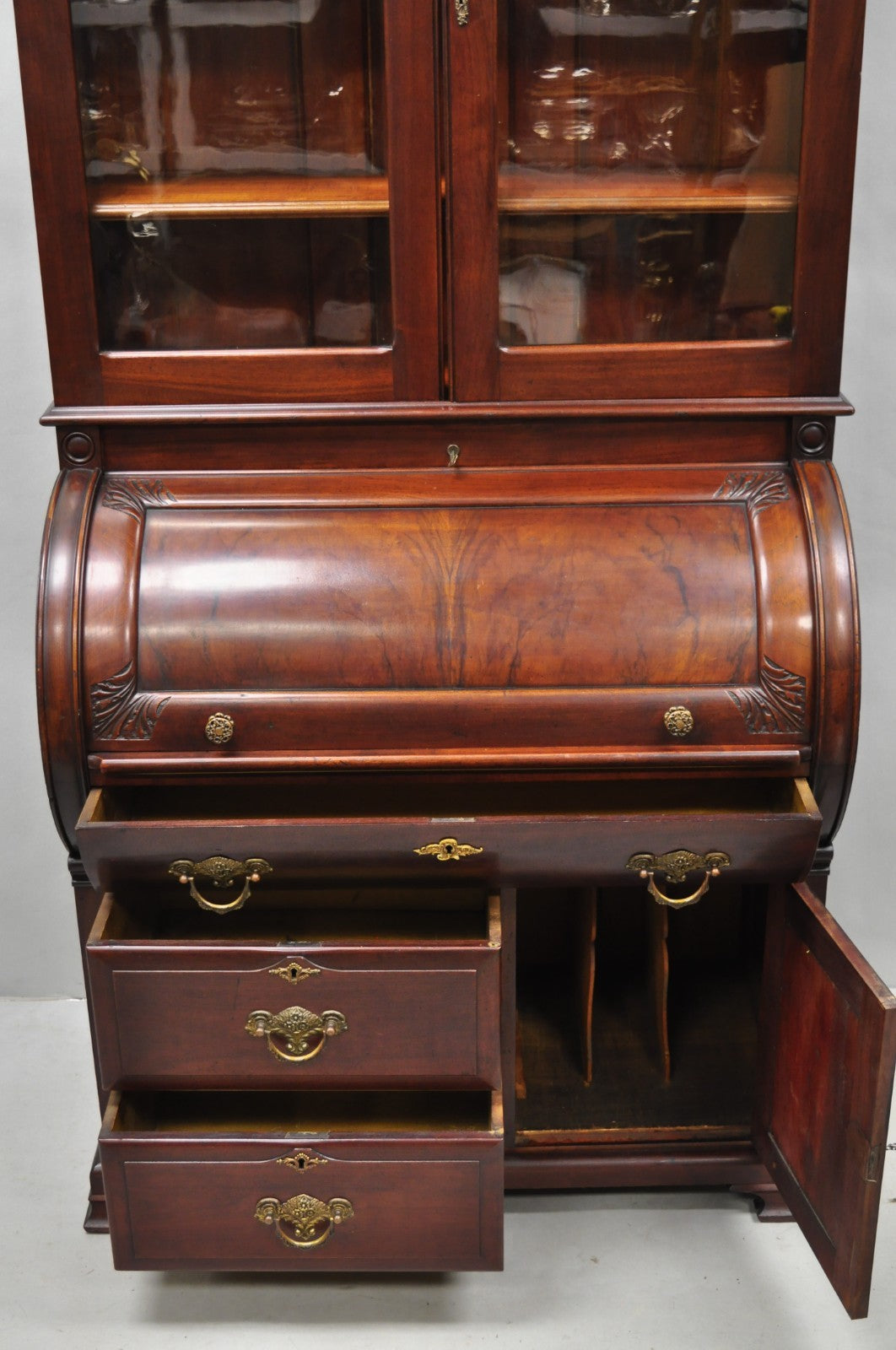Antique Victorian Mahogany Cylinder Roll Top Bookcase Secretary Desk Cabinet