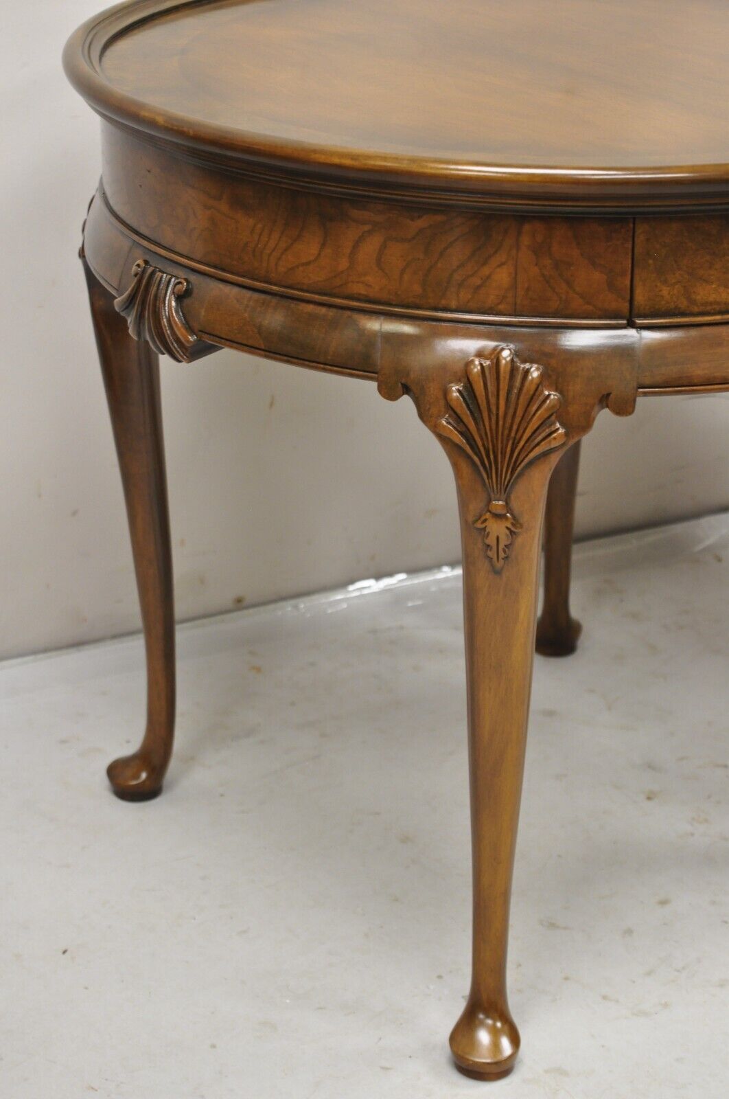Pair Baker Furniture English Queen Anne Style Burl Walnut Round Side End Tables