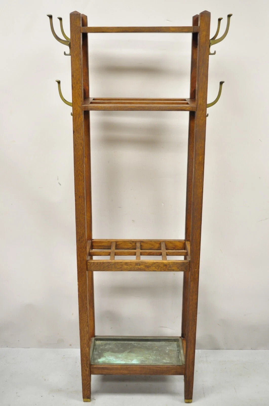 Antique Mission Arts & Crafts Oak Wood Coat Hook Hall Tree Umbrella Stand