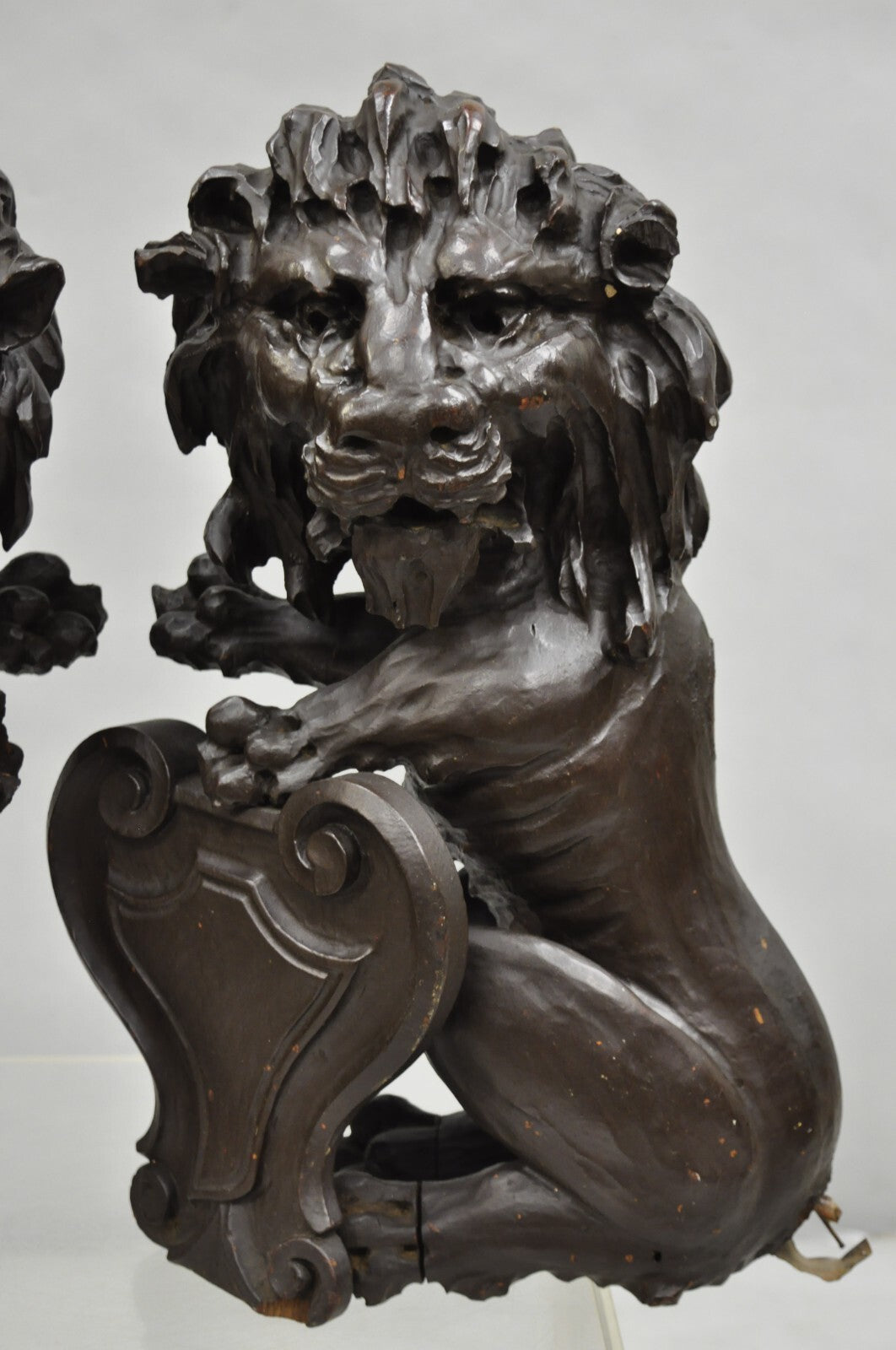 Antique Renaissance Revival Carved Oak Wood 20" Lion Architectural Elements Pair