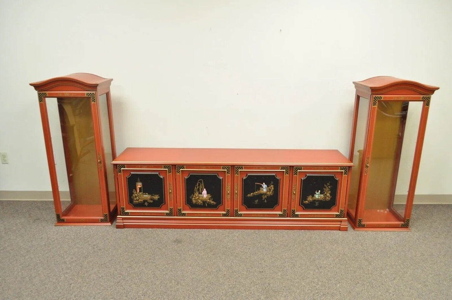 Vintage Jasper Oriental Chinoiserie Red Display China Cabinet Curio Credenza