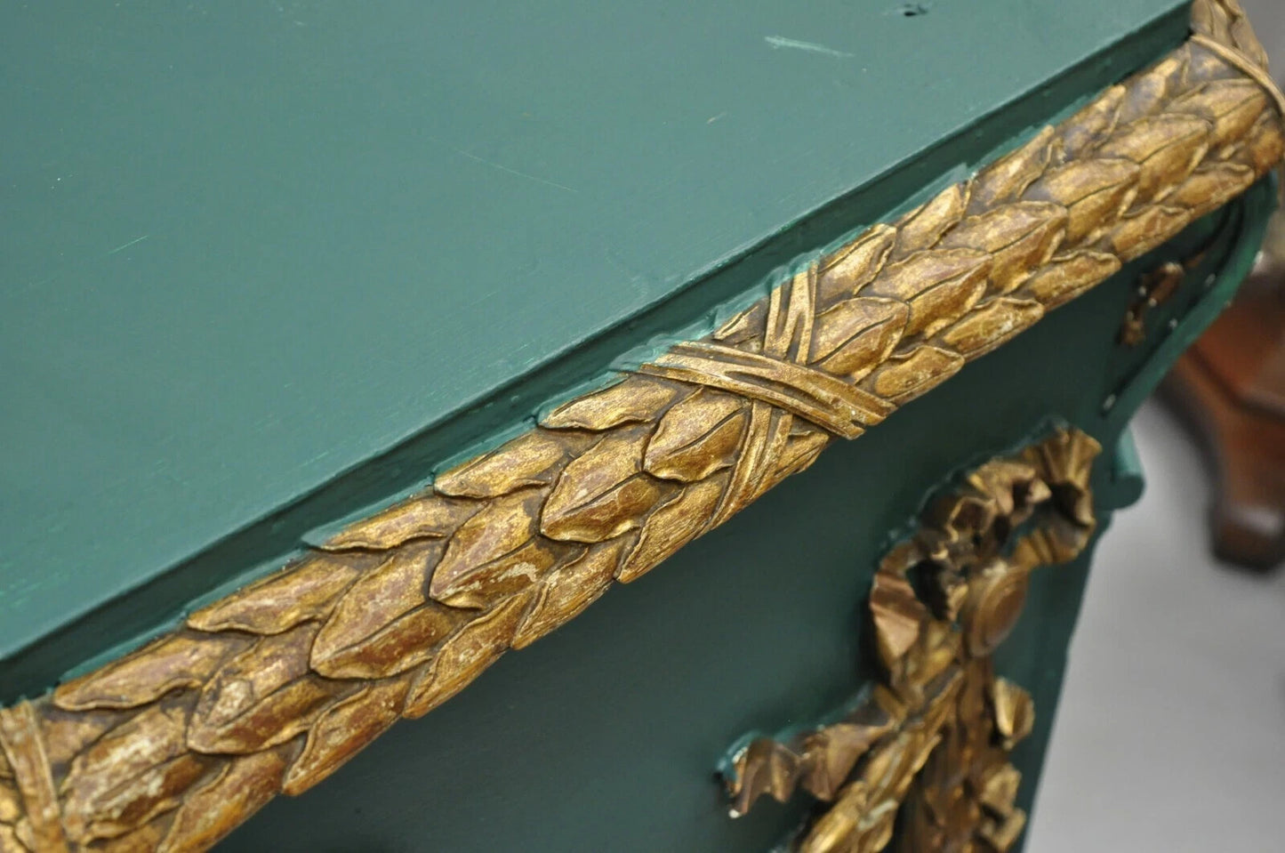 Vintage French Louis XVI Style Green Gold Carved Wood 39" Column Pedestal Stand