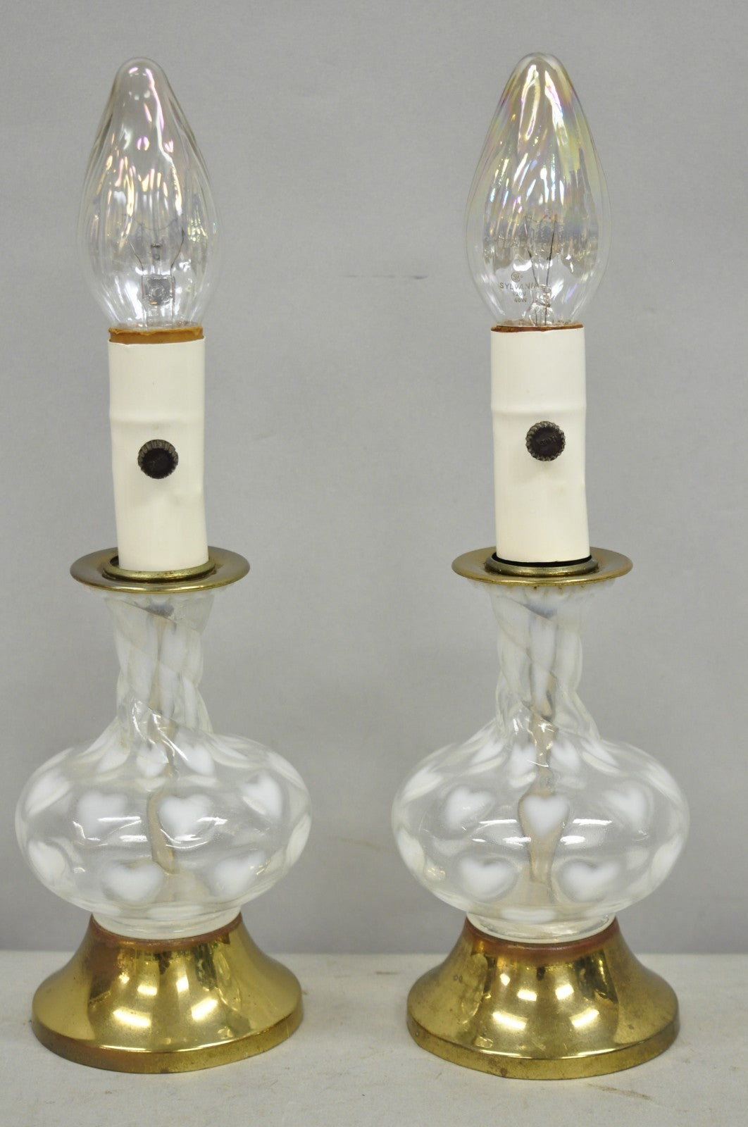 Vintage Hollywood Regency Petite Blown Glass Boudoir Table Lamps w/ Hearts, Pair