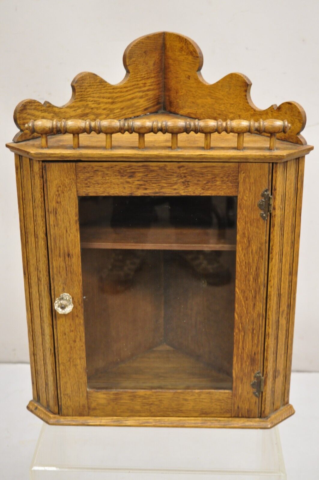 Antique Victorian Golden Oak Wood Glass One Door Corner Wall Curio Cabinet