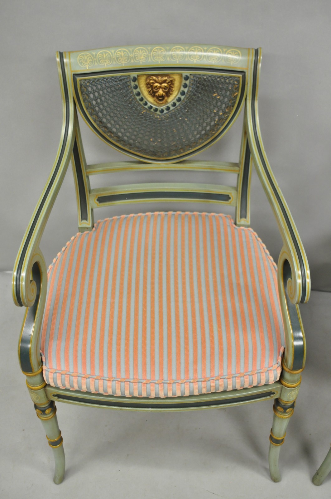 Smith & Watson Regency Adams Style Green Painted Cane Arm Chairs - a Pair