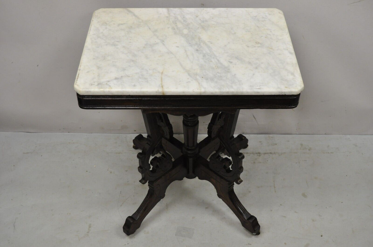 Antique Eastlake Victorian Marble Top Walnut Parlor Accent Side Table