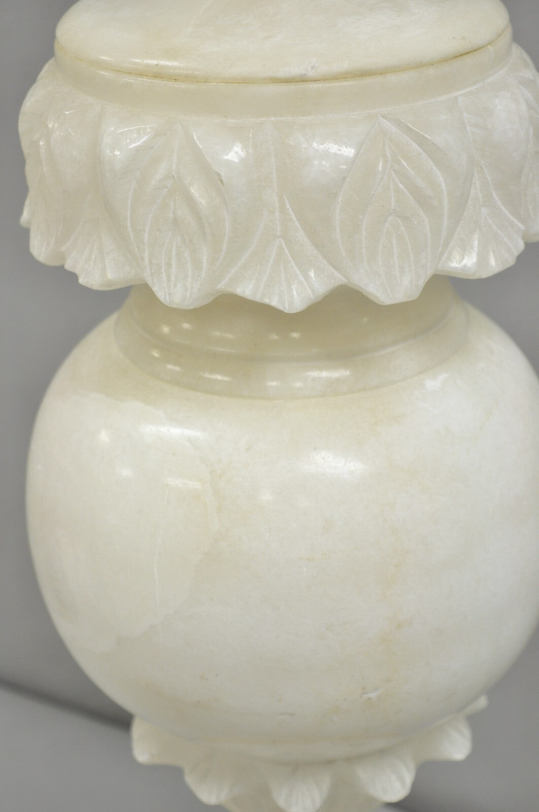 Antique Neoclassical Large Carved Solid Alabaster Marble Leaf Bulbous Table Lamp