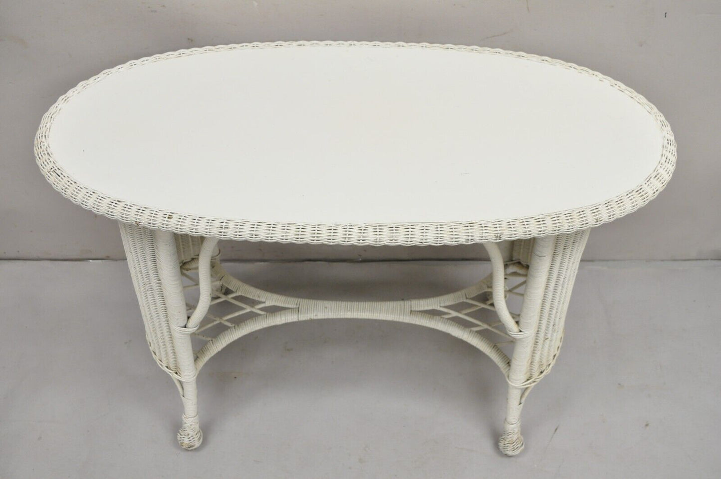Antique Victorian White Wicker Rattan Console Hall Side Table
